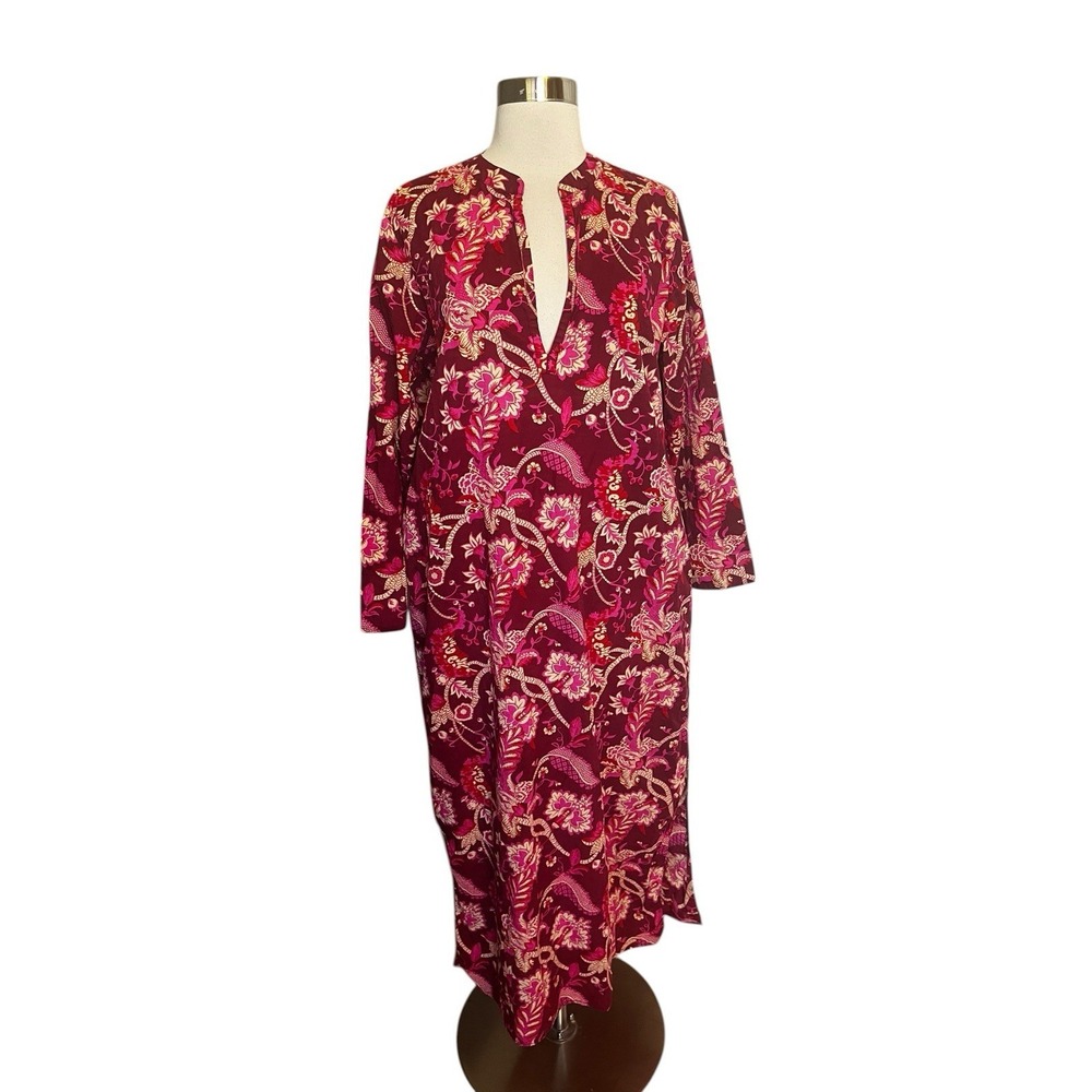 Livro Midi Dress Size Small Red Pink Floral Kaftan Long Sleeve